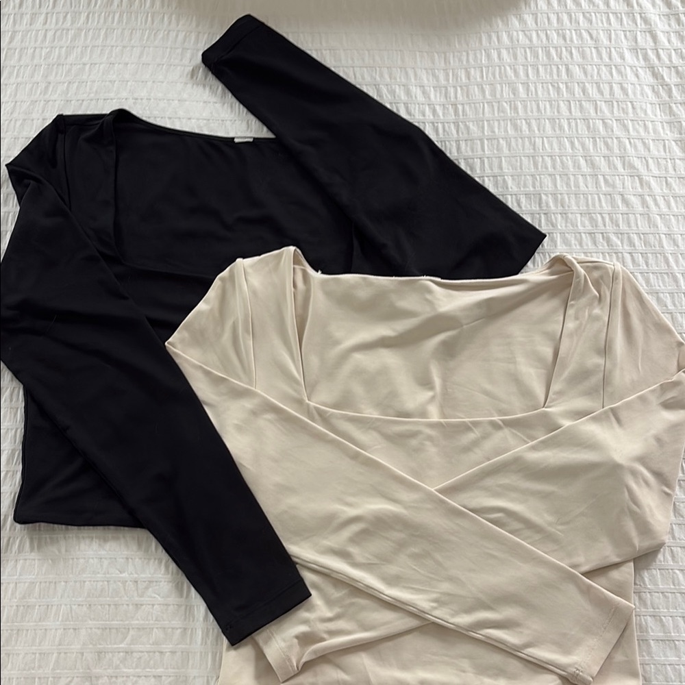 Two Square Neck Long Sleeve Top - Black & Cream